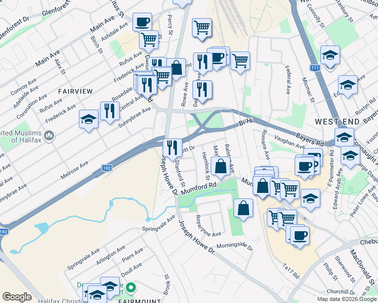 map of restaurants, bars, coffee shops, grocery stores, and more near 3198 Ashburn Avenue in Halifax