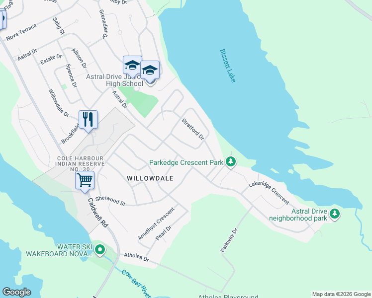 map of restaurants, bars, coffee shops, grocery stores, and more near 158 Pinewood Crescent in Dartmouth