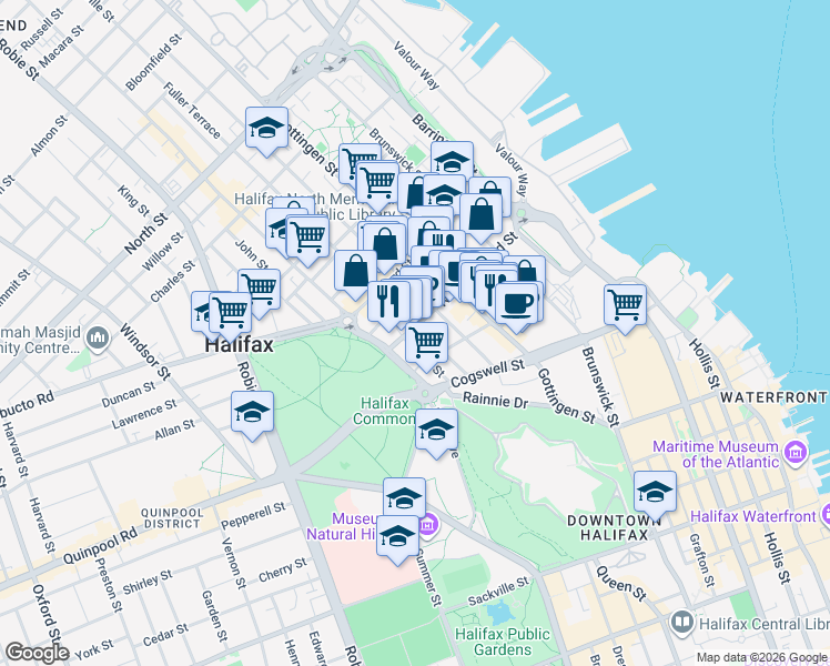 map of restaurants, bars, coffee shops, grocery stores, and more near 5654 Nora Bernard Street in Halifax