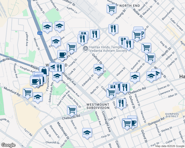 map of restaurants, bars, coffee shops, grocery stores, and more near 6483 Edinburgh Street in Halifax