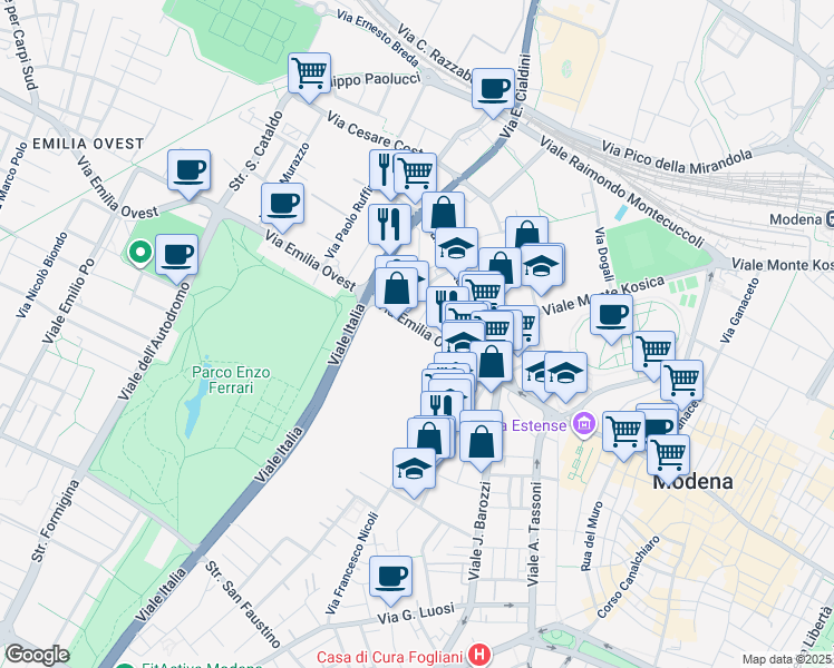 map of restaurants, bars, coffee shops, grocery stores, and more near 197 Via Emilia Ovest in Modena