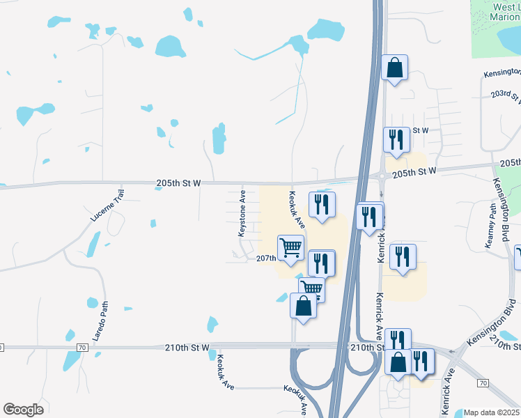 map of restaurants, bars, coffee shops, grocery stores, and more near 20586 Keystone Avenue in Lakeville