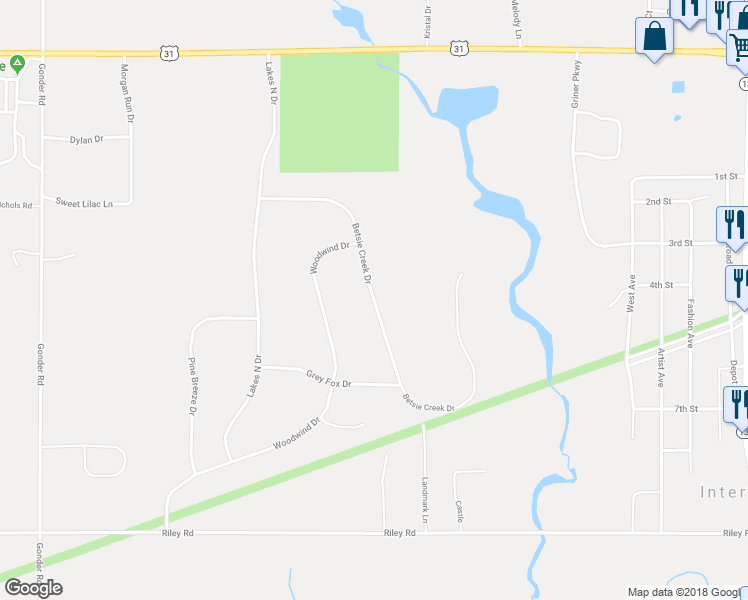 map of restaurants, bars, coffee shops, grocery stores, and more near Betsie Creek Drive in Interlochen