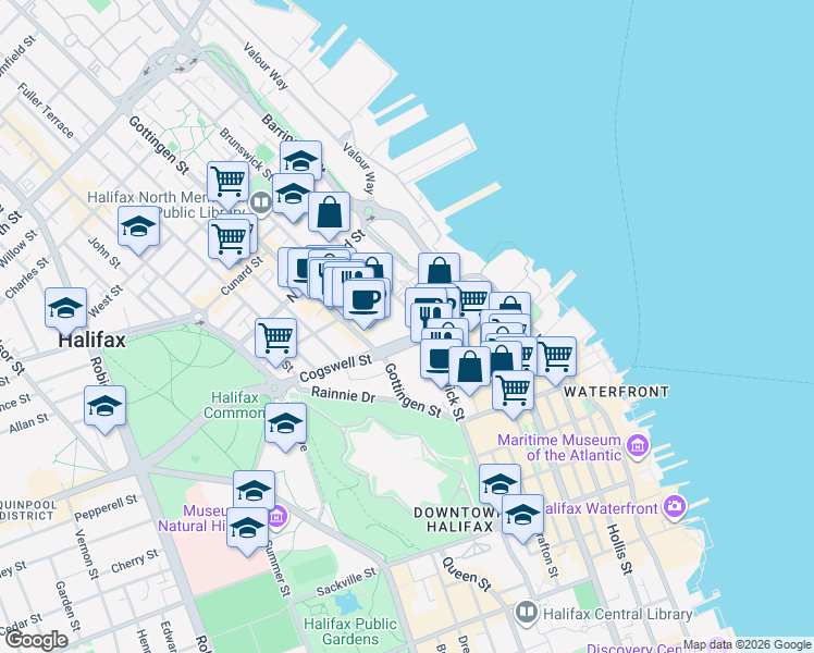 map of restaurants, bars, coffee shops, grocery stores, and more near in Halifax