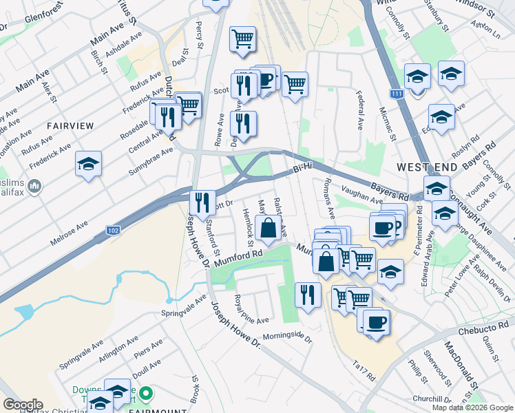 map of restaurants, bars, coffee shops, grocery stores, and more near 3169 Hemlock Street in Halifax