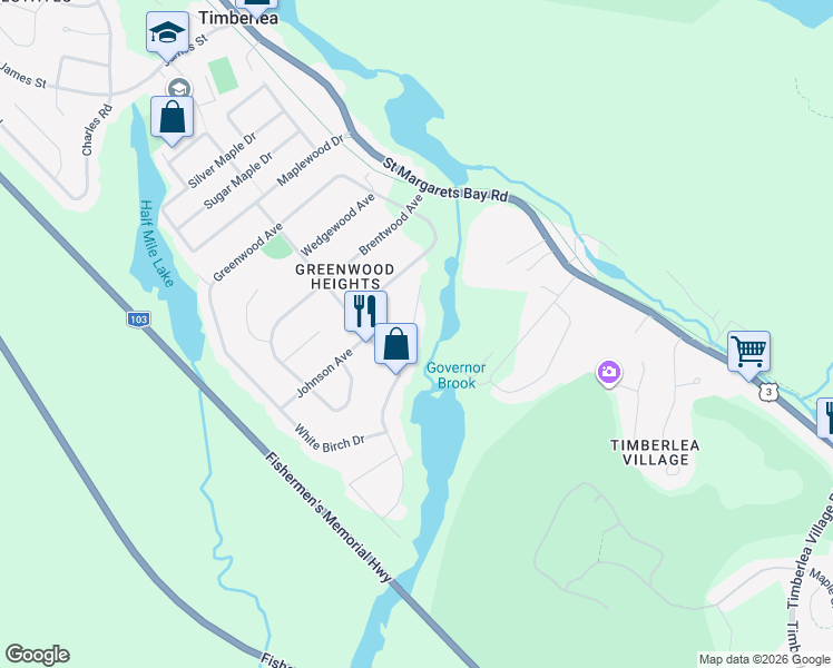 map of restaurants, bars, coffee shops, grocery stores, and more near 58 Riverwood Drive in Timberlea