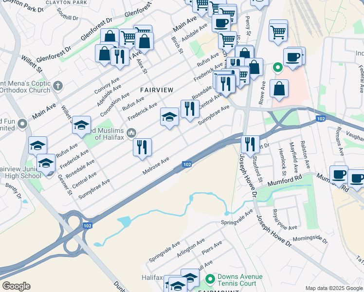 map of restaurants, bars, coffee shops, grocery stores, and more near 85 Melrose Avenue in Halifax