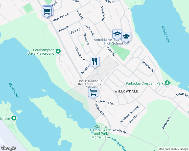 map of restaurants, bars, coffee shops, grocery stores, and more near Millbrook Avenue in Dartmouth