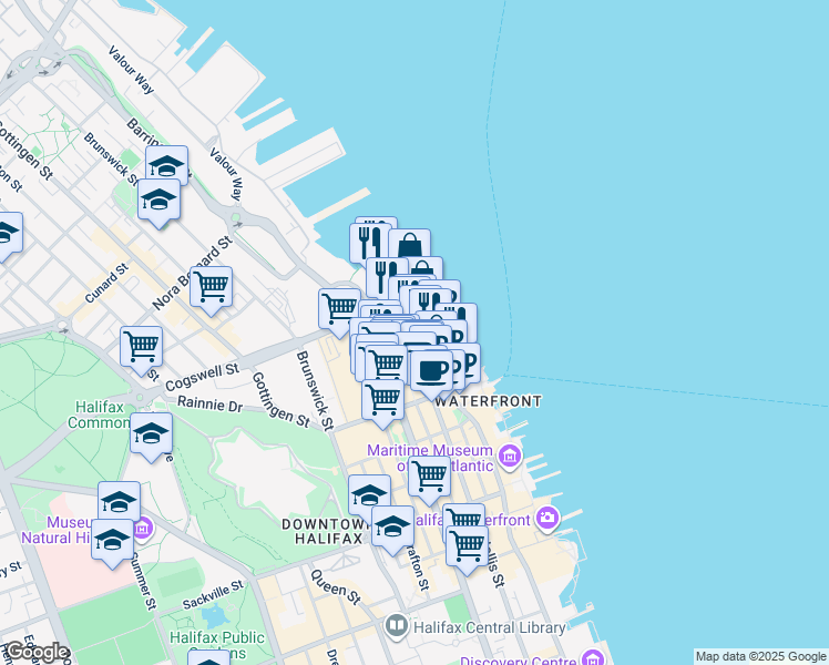 map of restaurants, bars, coffee shops, grocery stores, and more near in Halifax