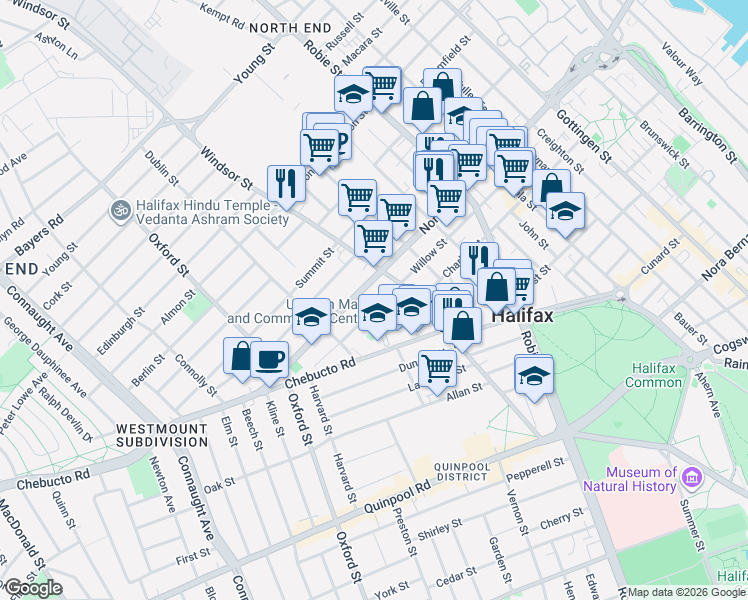 map of restaurants, bars, coffee shops, grocery stores, and more near in Halifax