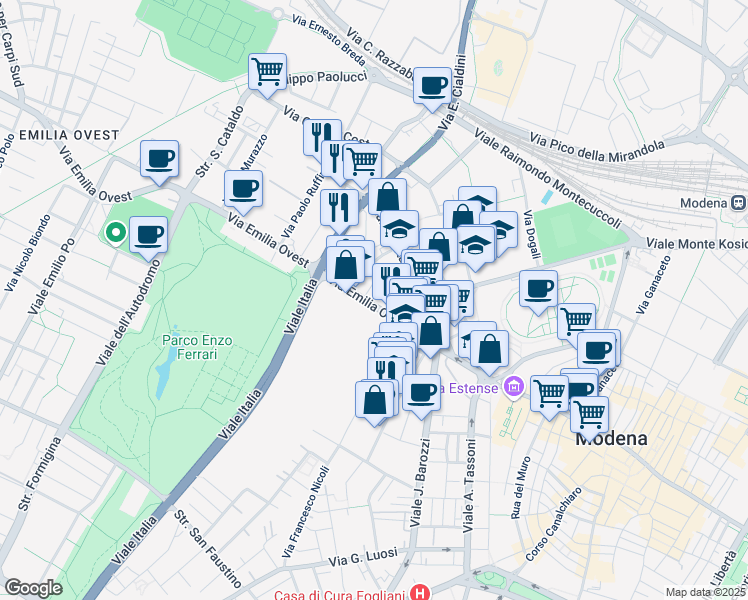 map of restaurants, bars, coffee shops, grocery stores, and more near 200 Via Emilia Ovest in Modena