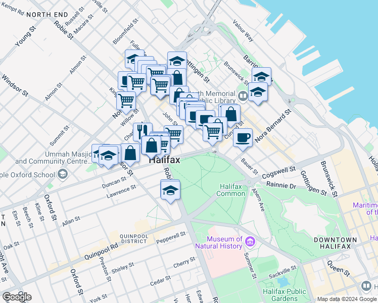 map of restaurants, bars, coffee shops, grocery stores, and more near 5839 Cunard Street in Halifax