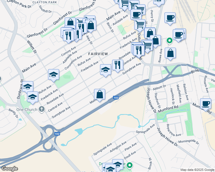 map of restaurants, bars, coffee shops, grocery stores, and more near 54 Sunnybrae Avenue in Halifax