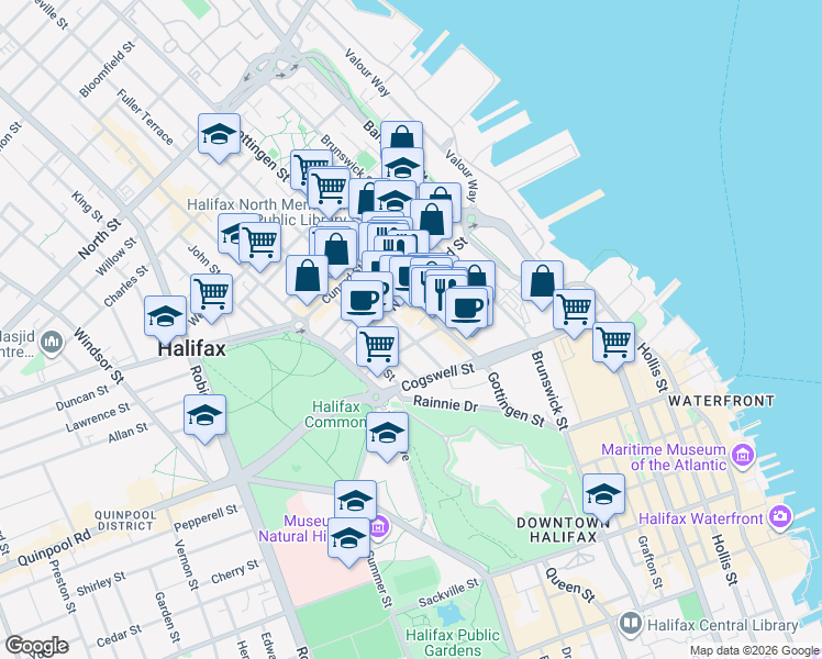 map of restaurants, bars, coffee shops, grocery stores, and more near 2093 Creighton Street in Halifax
