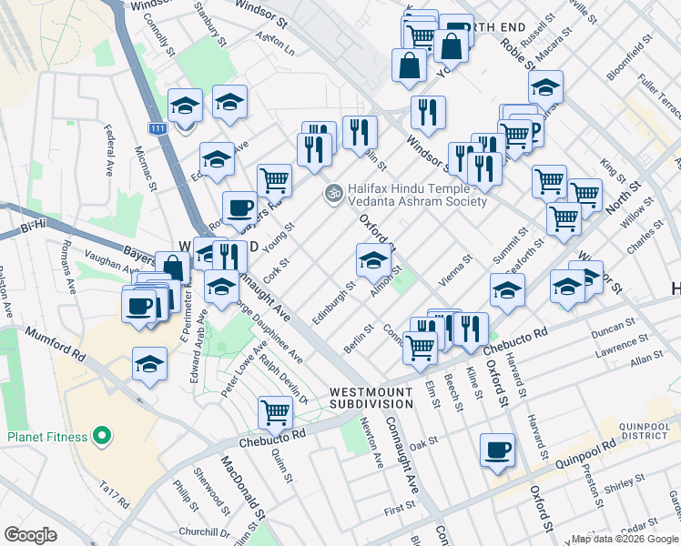 map of restaurants, bars, coffee shops, grocery stores, and more near 6490 London Street in Halifax