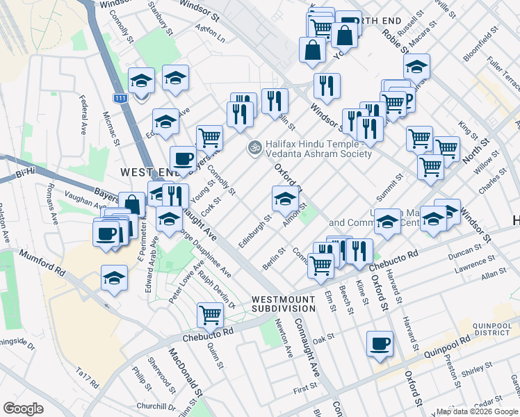 map of restaurants, bars, coffee shops, grocery stores, and more near 6490 London Street in Halifax