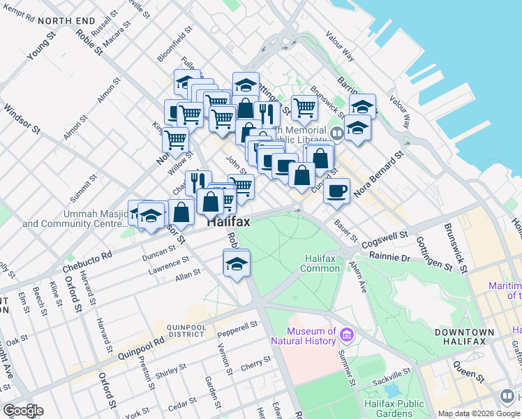 map of restaurants, bars, coffee shops, grocery stores, and more near 5839 Cunard Street in Halifax