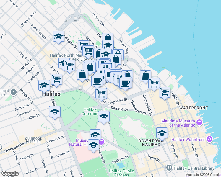 map of restaurants, bars, coffee shops, grocery stores, and more near 2093 Creighton Street in Halifax