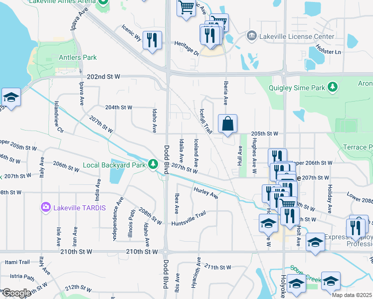map of restaurants, bars, coffee shops, grocery stores, and more near 20525 Iceland Avenue in Lakeville