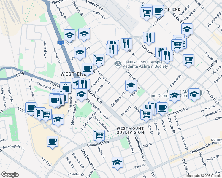 map of restaurants, bars, coffee shops, grocery stores, and more near 2944 Connolly Street in Halifax