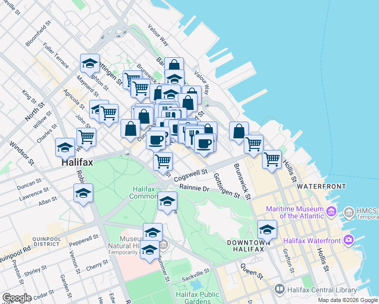 map of restaurants, bars, coffee shops, grocery stores, and more near 5505 Falkland Street in Halifax