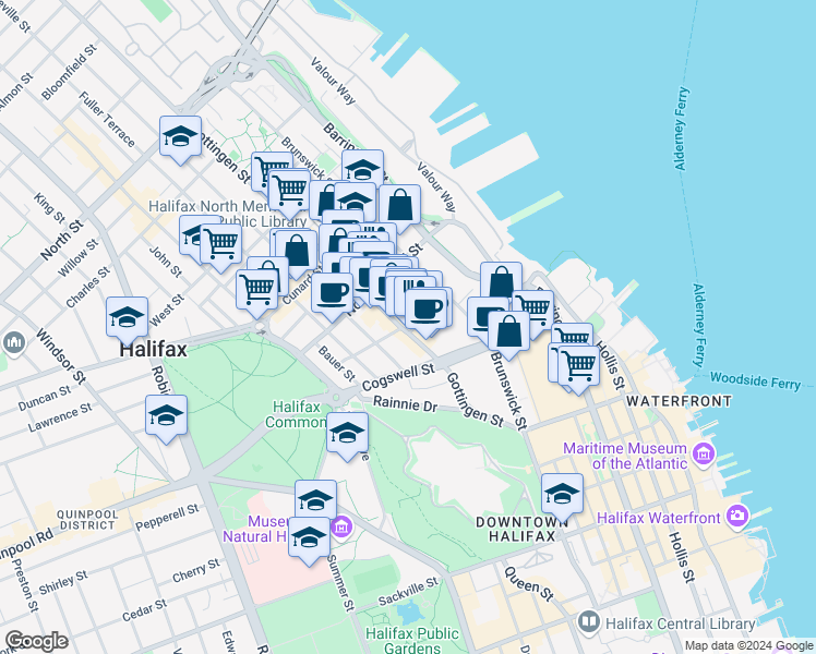 map of restaurants, bars, coffee shops, grocery stores, and more near 2053 Gottingen Street in Halifax