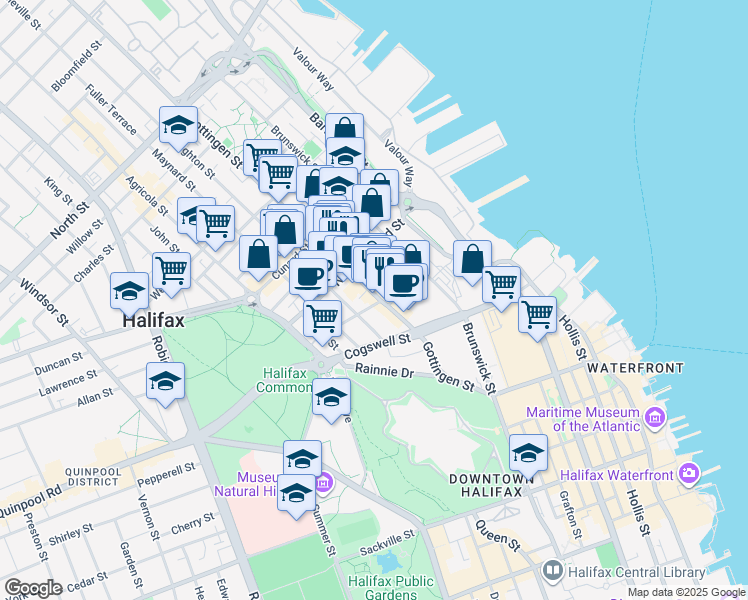 map of restaurants, bars, coffee shops, grocery stores, and more near 5505 Falkland Street in Halifax
