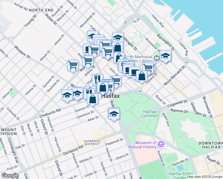 map of restaurants, bars, coffee shops, grocery stores, and more near 5870 West Street in Halifax