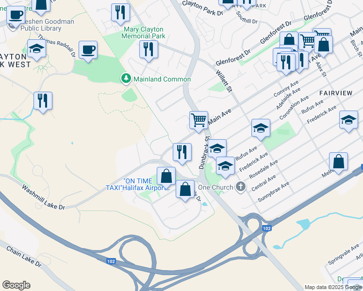 map of restaurants, bars, coffee shops, grocery stores, and more near 300 Main Avenue in Halifax