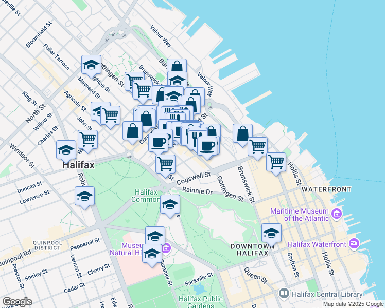 map of restaurants, bars, coffee shops, grocery stores, and more near 5505 Falkland Street in Halifax