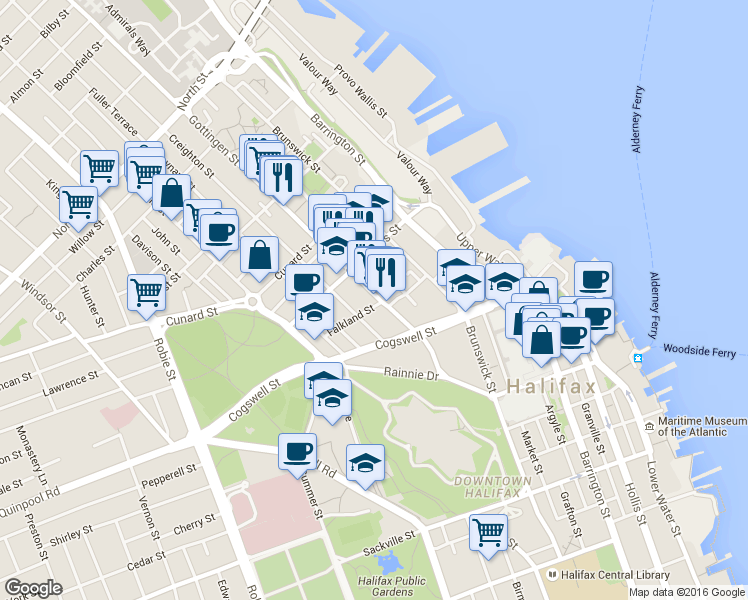 map of restaurants, bars, coffee shops, grocery stores, and more near in Halifax