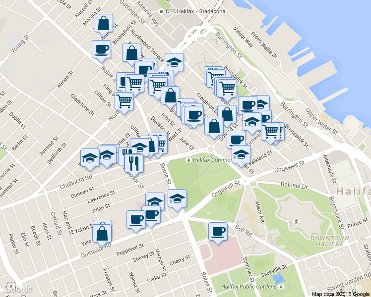 map of restaurants, bars, coffee shops, grocery stores, and more near in Halifax