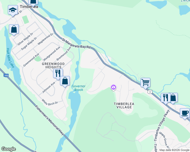 map of restaurants, bars, coffee shops, grocery stores, and more near 29 Riverview Drive in Timberlea