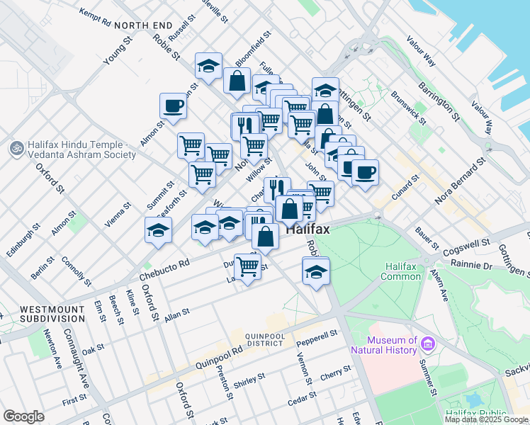 map of restaurants, bars, coffee shops, grocery stores, and more near 2359 Hunter Street in Halifax