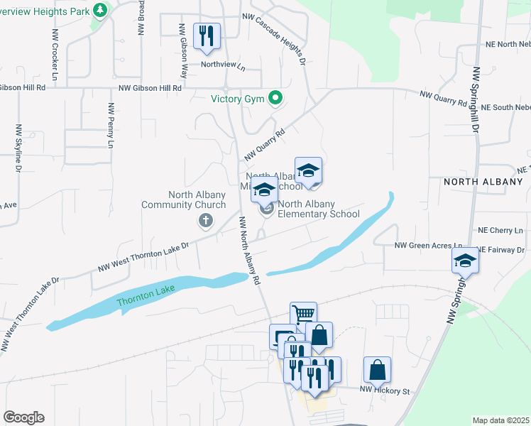 map of restaurants, bars, coffee shops, grocery stores, and more near 815 Northwest Thornton Lake Drive in Albany