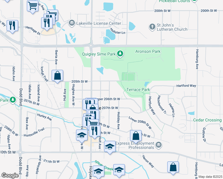 map of restaurants, bars, coffee shops, grocery stores, and more near 20520 Hollins Avenue West in Lakeville