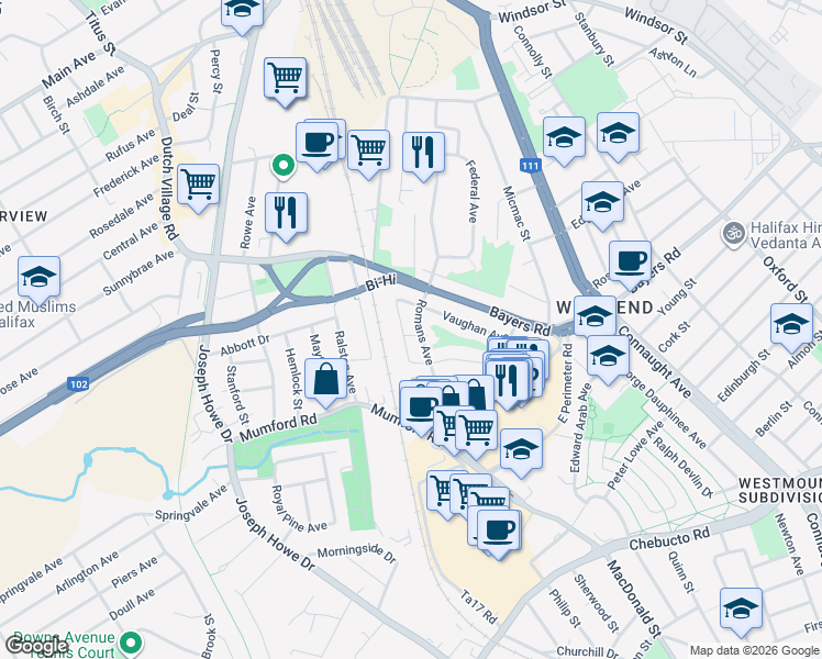 map of restaurants, bars, coffee shops, grocery stores, and more near 6975 Ward Avenue in Halifax