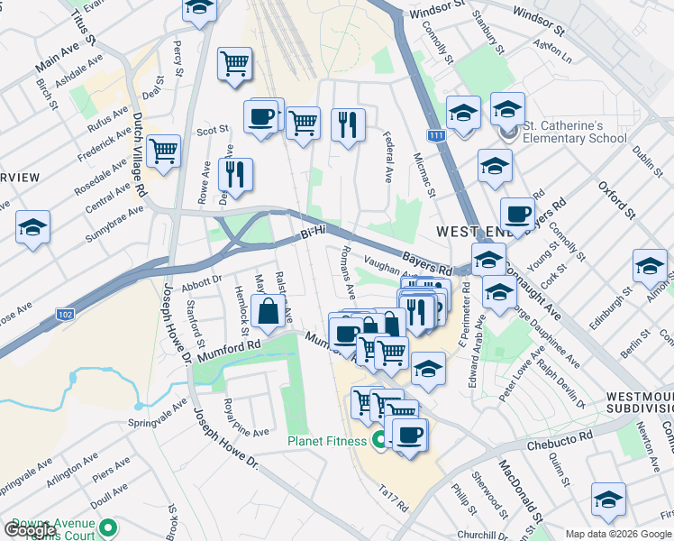 map of restaurants, bars, coffee shops, grocery stores, and more near 6975 Ward Avenue in Halifax