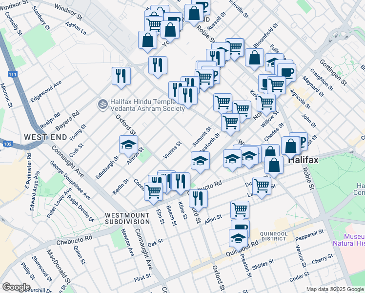 map of restaurants, bars, coffee shops, grocery stores, and more near 2714 Dublin Street in Halifax