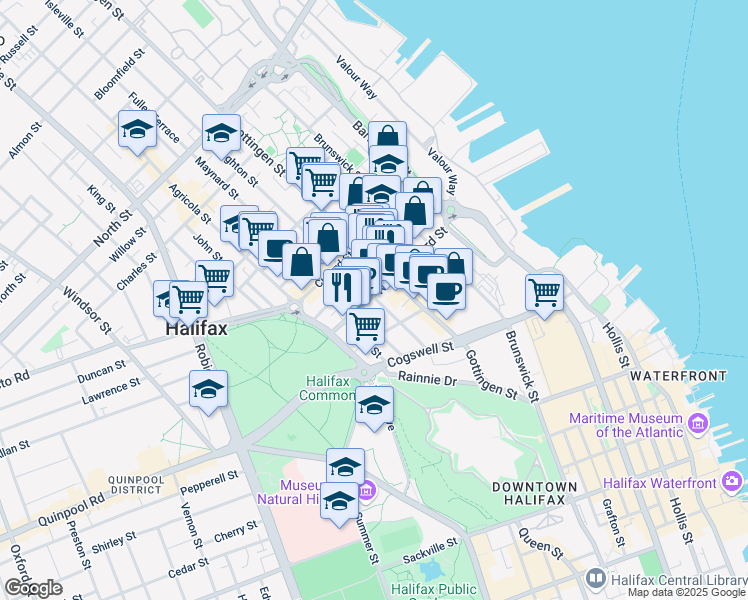 map of restaurants, bars, coffee shops, grocery stores, and more near 2130 Creighton Street in Halifax