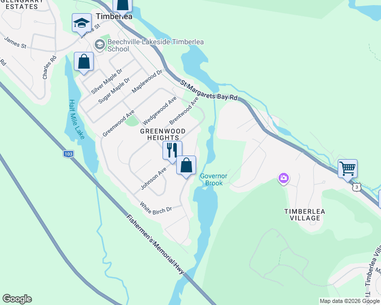 map of restaurants, bars, coffee shops, grocery stores, and more near 33 Riverwood Drive in Timberlea