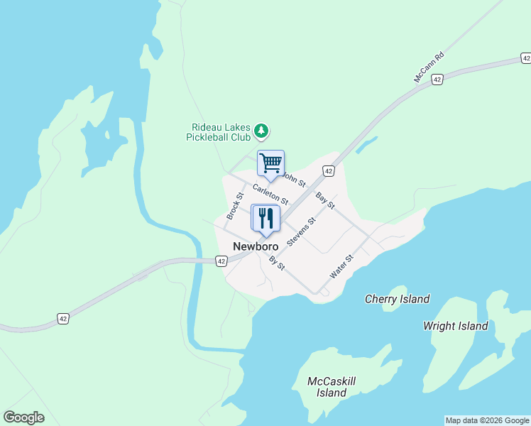 map of restaurants, bars, coffee shops, grocery stores, and more near 3 Carleton Street in Newboro