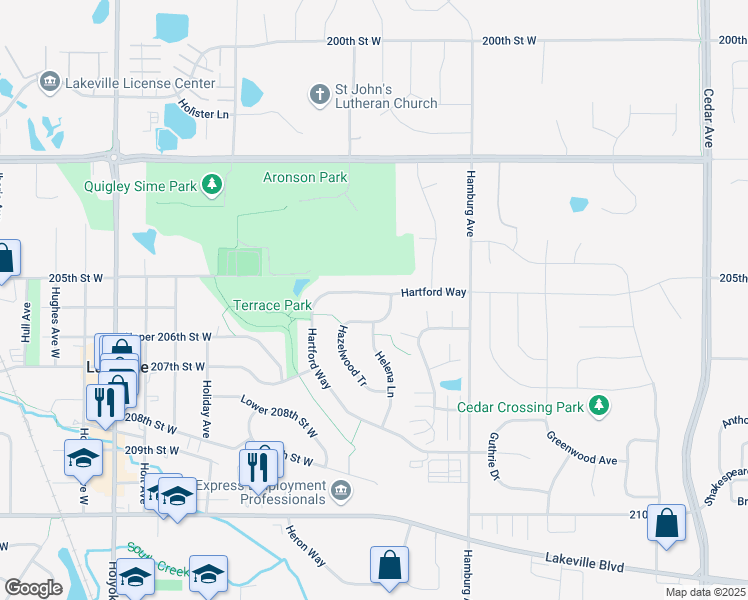 map of restaurants, bars, coffee shops, grocery stores, and more near 20576 Hartford Way in Lakeville