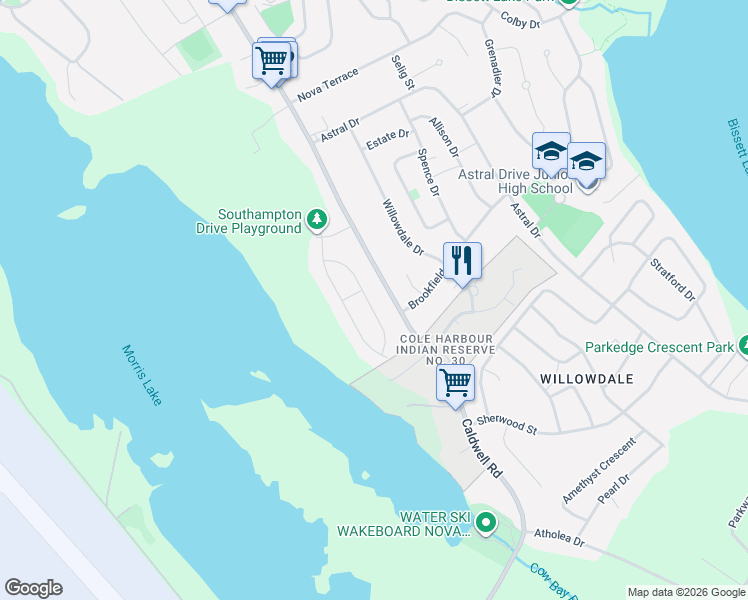 map of restaurants, bars, coffee shops, grocery stores, and more near 72 Westfield Crescent in Dartmouth
