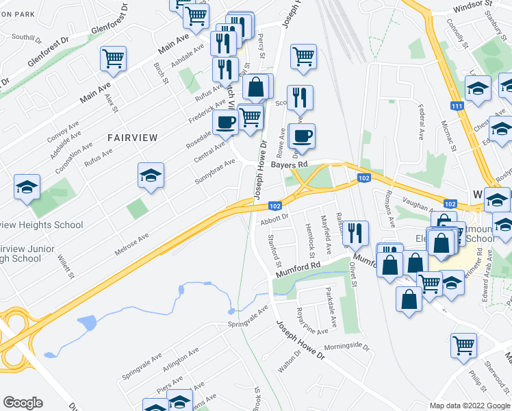 map of restaurants, bars, coffee shops, grocery stores, and more near 3465 Joseph Howe Drive in Halifax