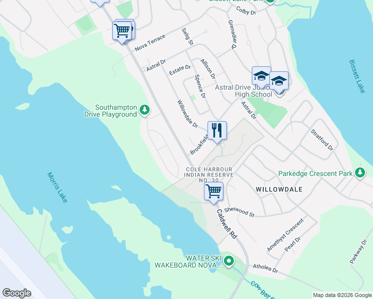 map of restaurants, bars, coffee shops, grocery stores, and more near 542 Caldwell Road in Dartmouth