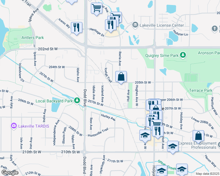 map of restaurants, bars, coffee shops, grocery stores, and more near 20585 207th Court West in Lakeville