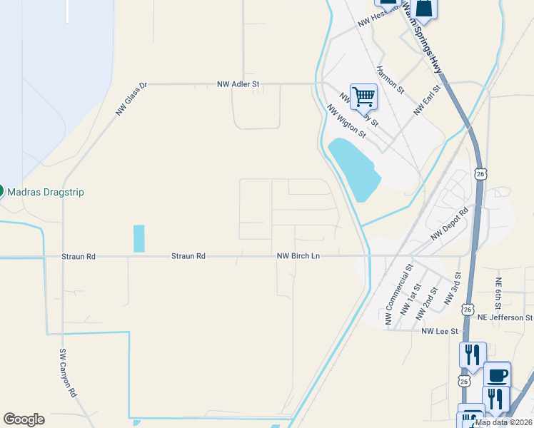 map of restaurants, bars, coffee shops, grocery stores, and more near 1132 Northwest Golf Course Drive in Madras