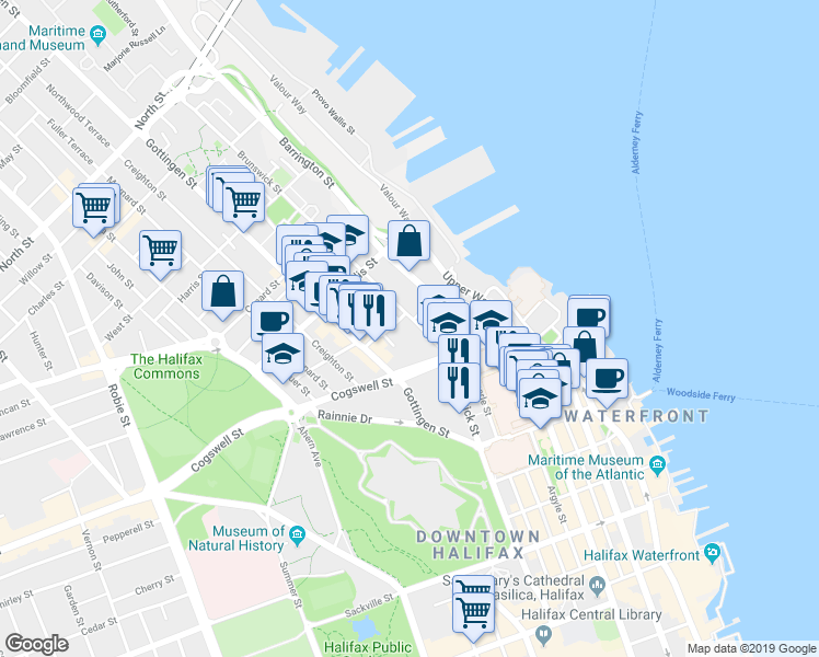 map of restaurants, bars, coffee shops, grocery stores, and more near 2060 Brunswick Street in Halifax