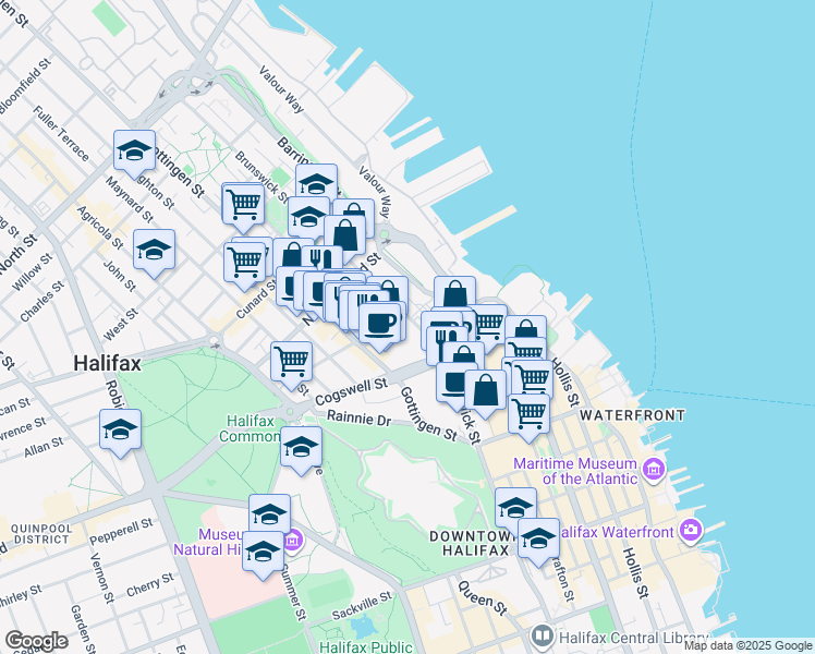 map of restaurants, bars, coffee shops, grocery stores, and more near 2060 Brunswick Street in Halifax